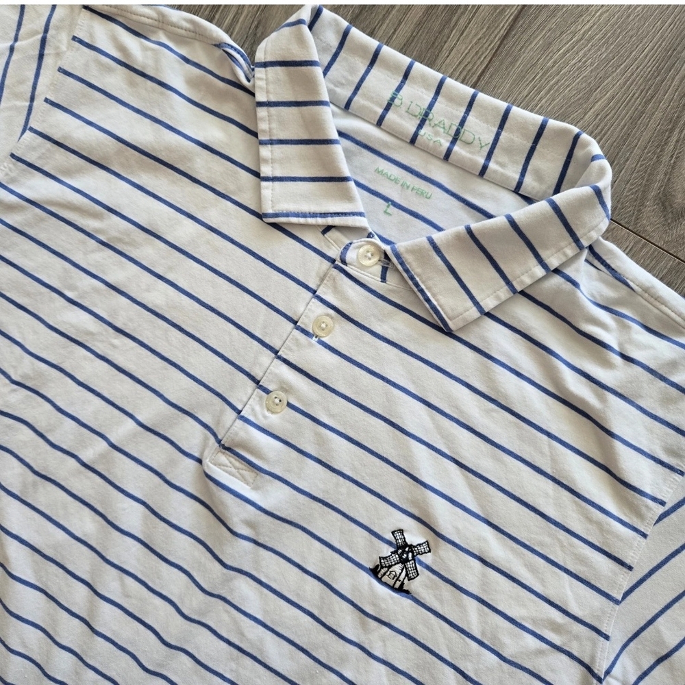 B Draddy USA Polo Shirt Men's Size Large Striped Windmill Logo White Blue